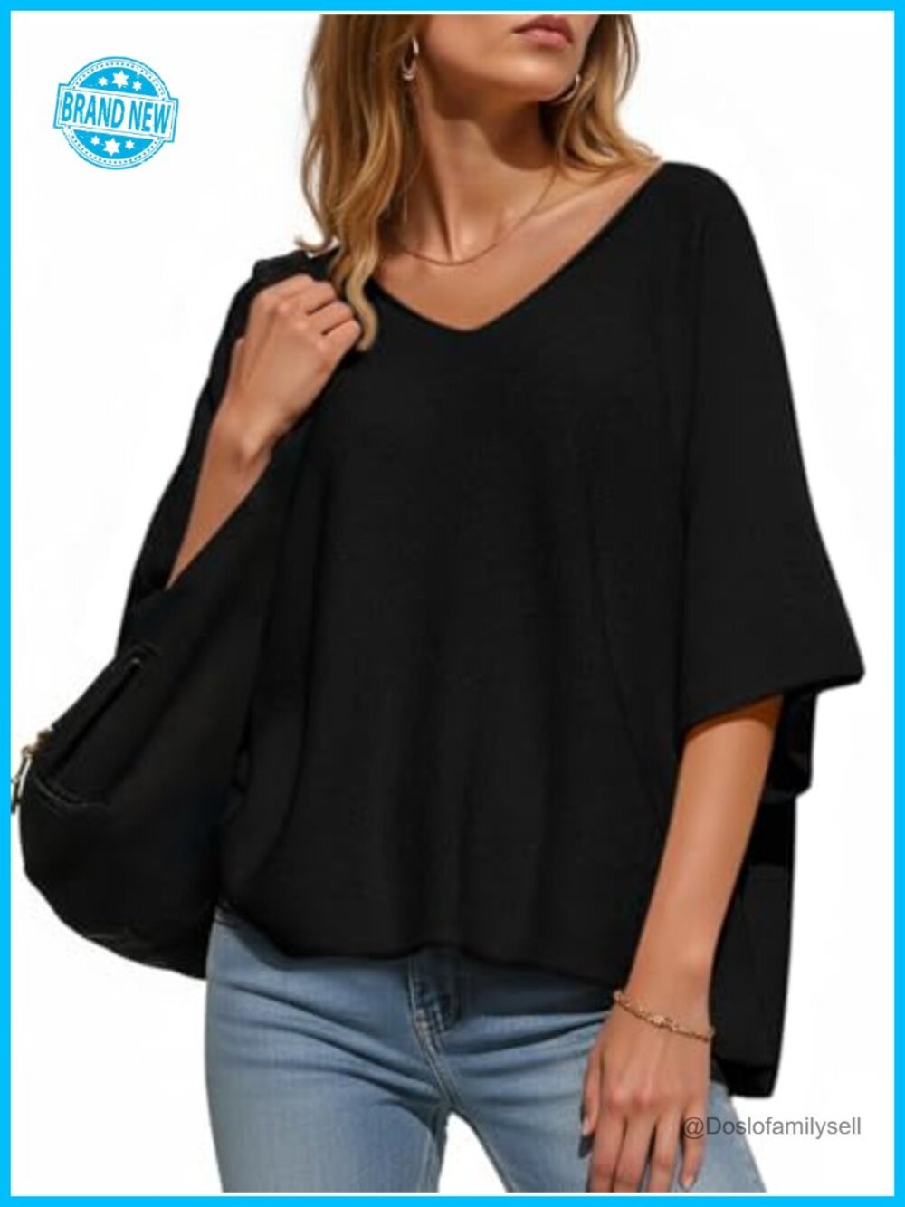 Womens Oversized Summer Sweater Half Sleeve V Neck Batwing Knit Top